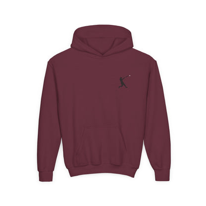 Youth baseball silhouette hoodie for kids featuring a baseball player graphic, comfortable pullover sweatshirt by Printify.
