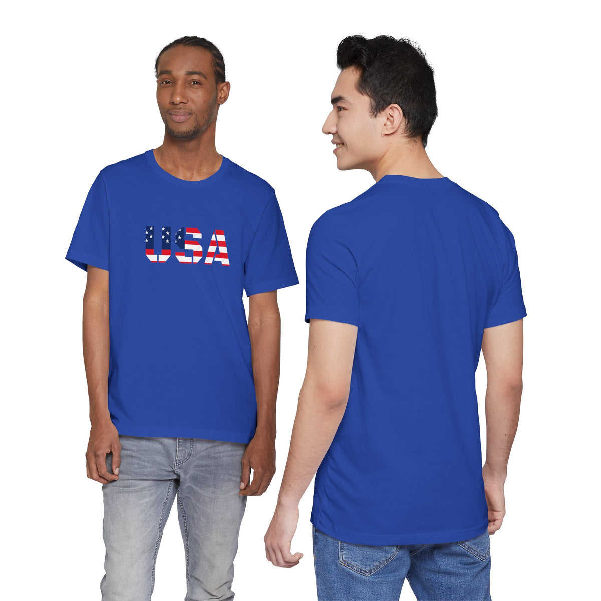 USA Flag Text T-Shirt by Printify featuring patriotic red, white, and blue design for Fourth of July celebrations.