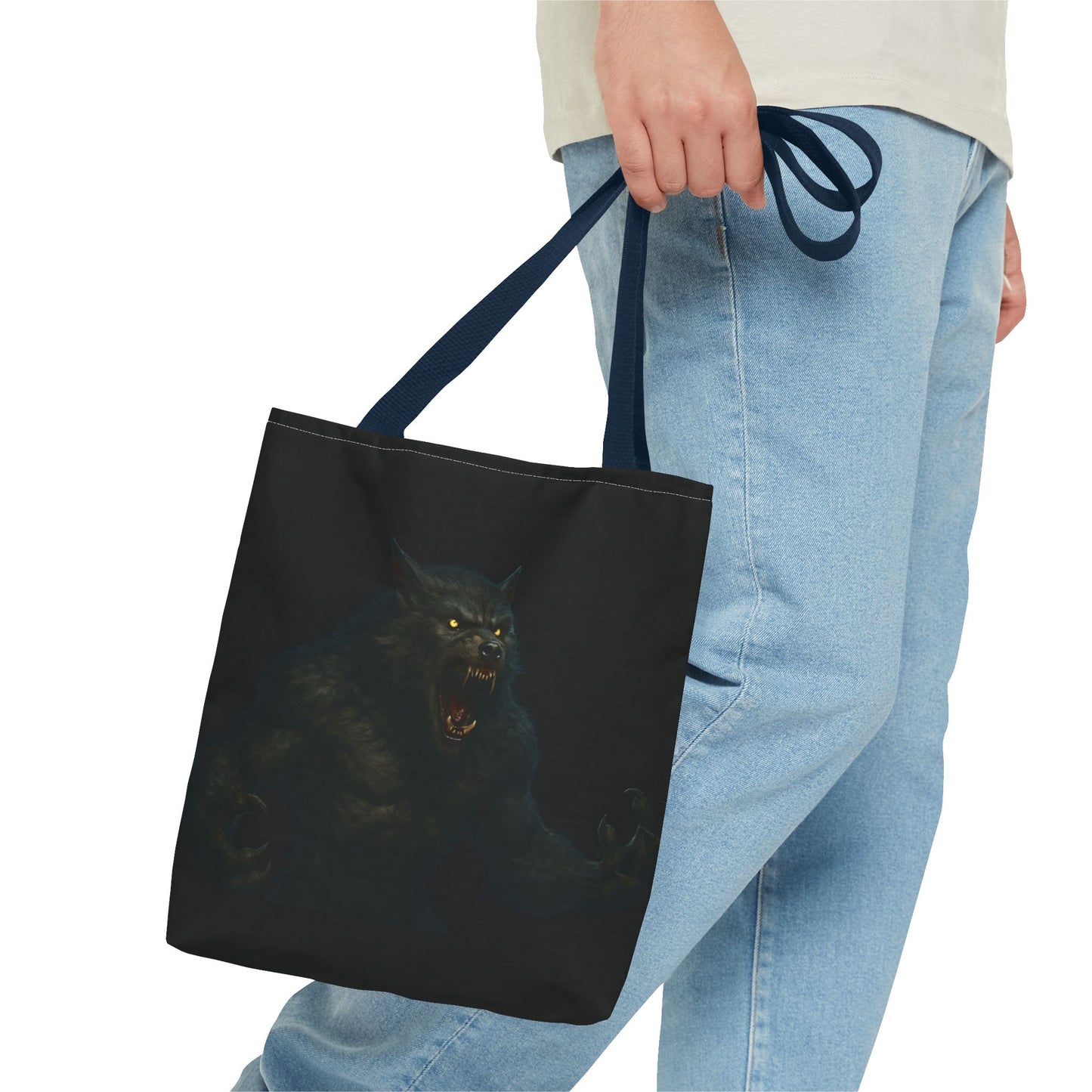 Werewolf tote bag featuring dark Halloween art, perfect for horror fans, made by Printify, displayed with its detailed design.