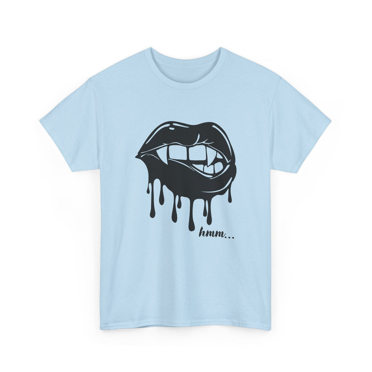 Black graphic T-shirt by Printify featuring a dripping lips 'hmm...' bite design on the front.