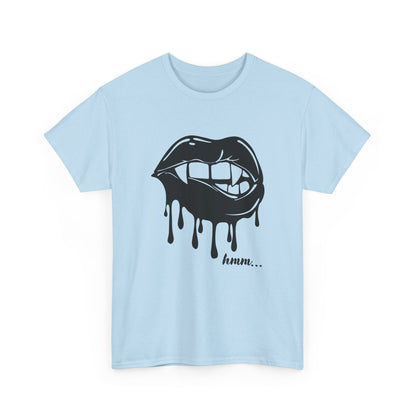 Black graphic T-shirt by Printify featuring a dripping lips 'hmm...' bite design on the front.