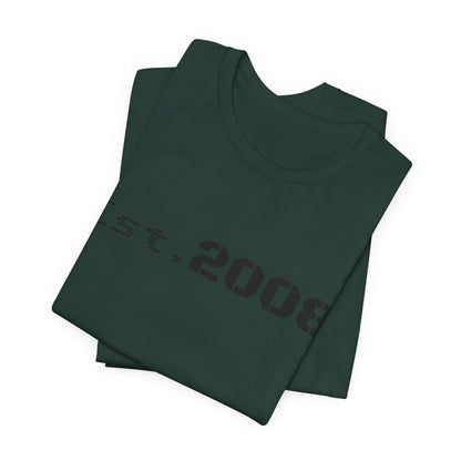 Black graphic T-shirt by Printify featuring "Established 2008" text and minimalist design on the front.