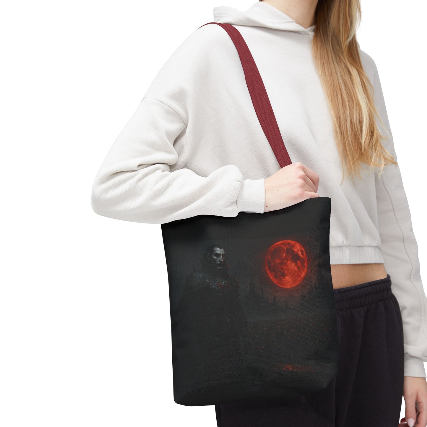 Gothic Dracula tote bag featuring moonlit vampire art, perfect for Halloween or gothic fashion, by Printify.