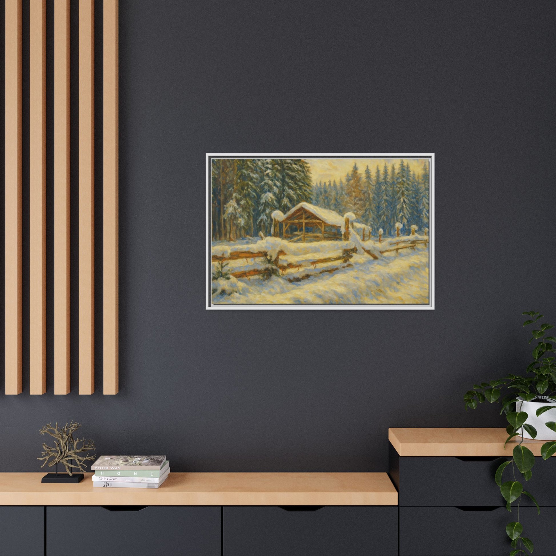 Snowy cabin winter landscape canvas wall art by Printify, featuring a cozy snowy scene with a framed matte finish.