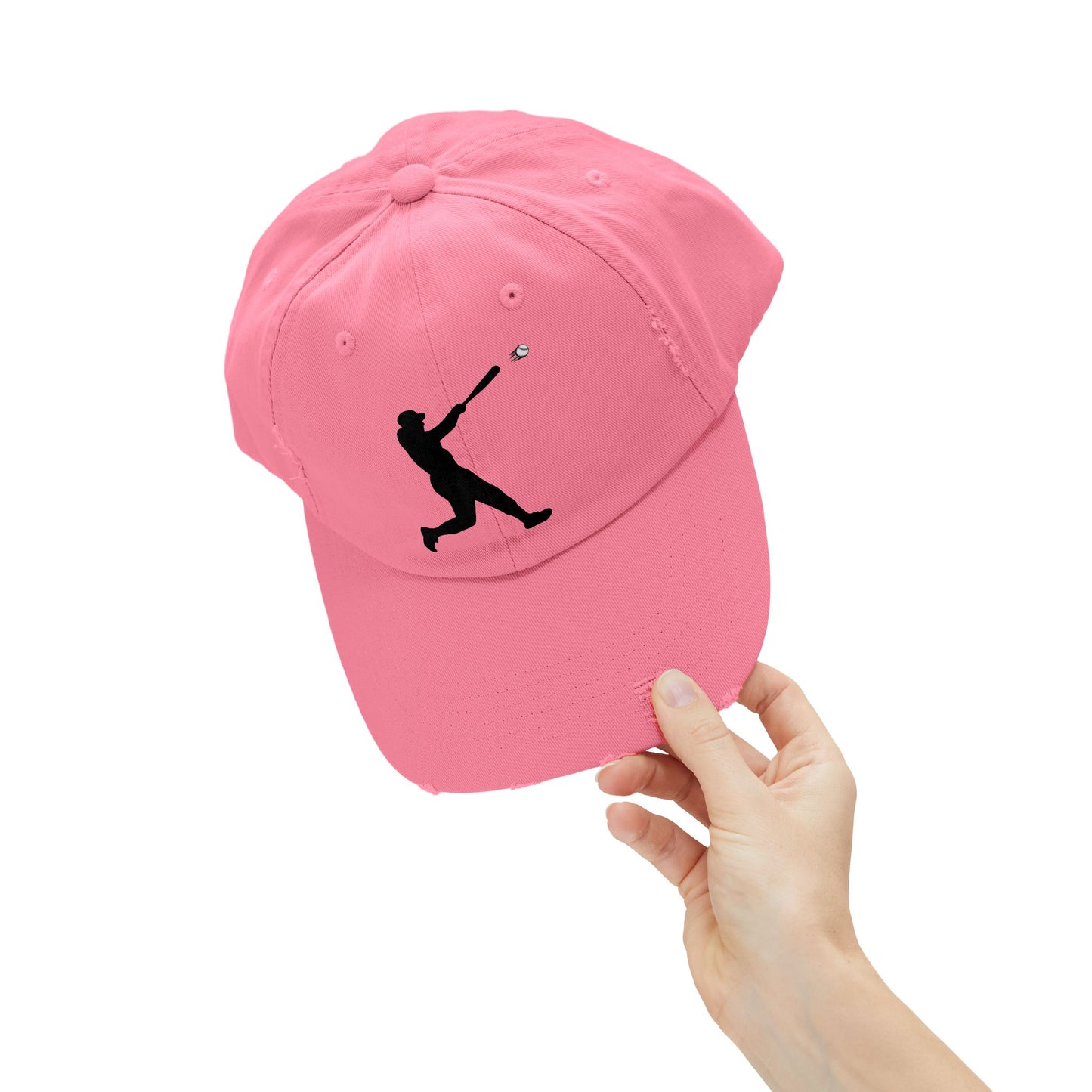 Distressed baseball cap featuring a silhouette batter design, casual hat by Printify with worn, vintage style.