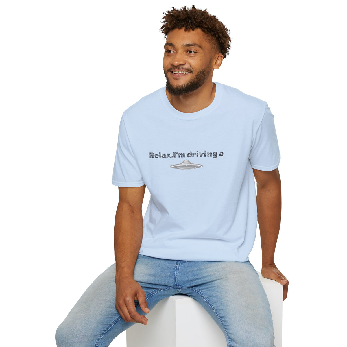 Black UFO T-Shirt with funny alien graphic design from Printify, featuring a sci-fi-inspired extraterrestrial image on the front.