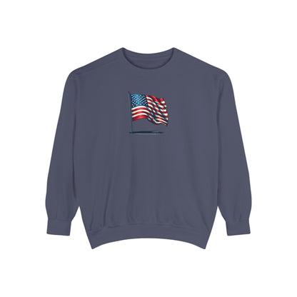 Patriotic Unisex Garment-Dyed Sweatshirt with Vintage American Flag, Cozy Fall Outfit, Statement Sweater, Gift for Veterans, Casual Fashion - TRV