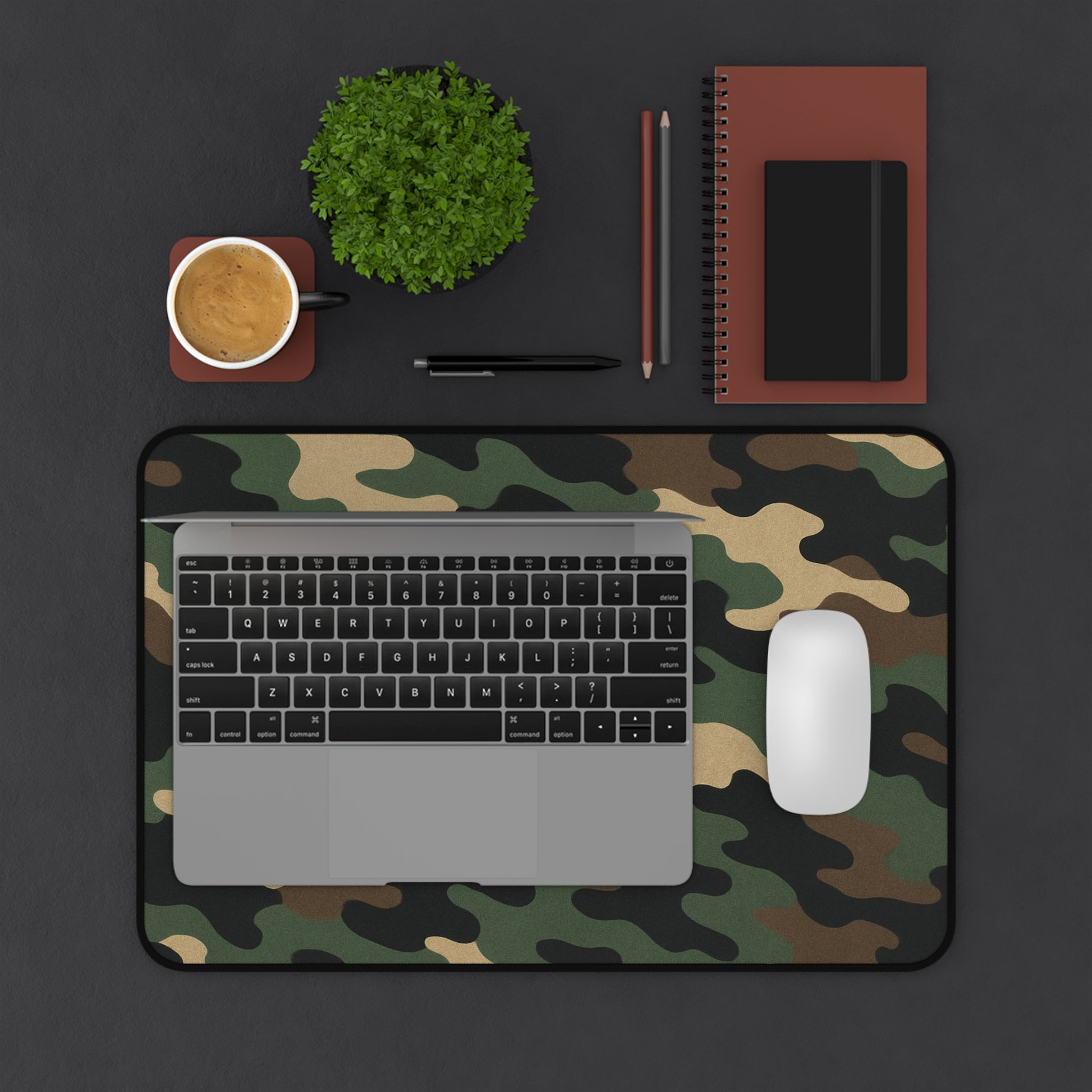 Large camouflage desk mat for office and gaming, Printify brand, featuring a stylish camo pattern on a smooth mouse pad surface.