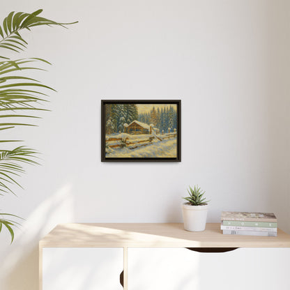 Snowy cabin winter landscape canvas wall art, framed matte print by Printify depicting a cozy cabin scene in winter.
