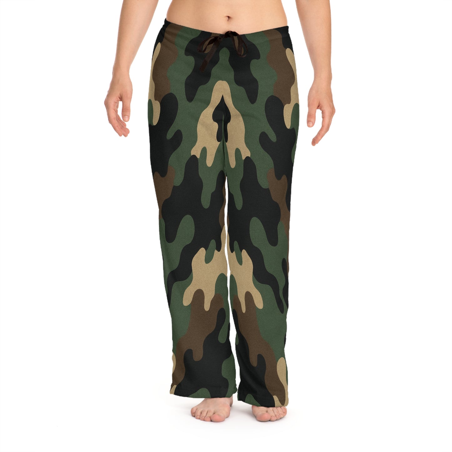 Women's camo lounge pajama pants with wide-leg design and all-over print from Printify, comfortable sleepwear for relaxed evenings.