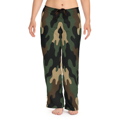 Women's camo lounge pajama pants with wide-leg design and all-over print from Printify, comfortable sleepwear for relaxed evenings.