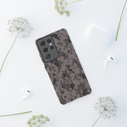Gray digital camouflage phone case by Printify, tough protective cover for smartphones with a rugged camo pattern.