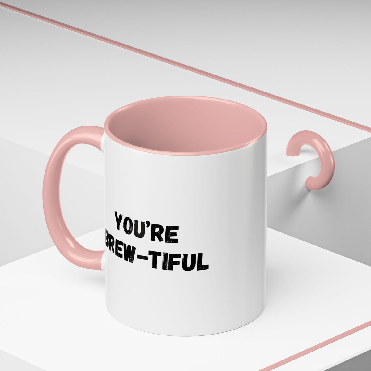 You’re Brew-tiful Coffee Mug – Cute Coffee Pun Accent Mug (11/15oz) — white ceramic accent mug with glossy finish and bold black “YOU’RE BREW-TIFUL” print, close-up of the printed design