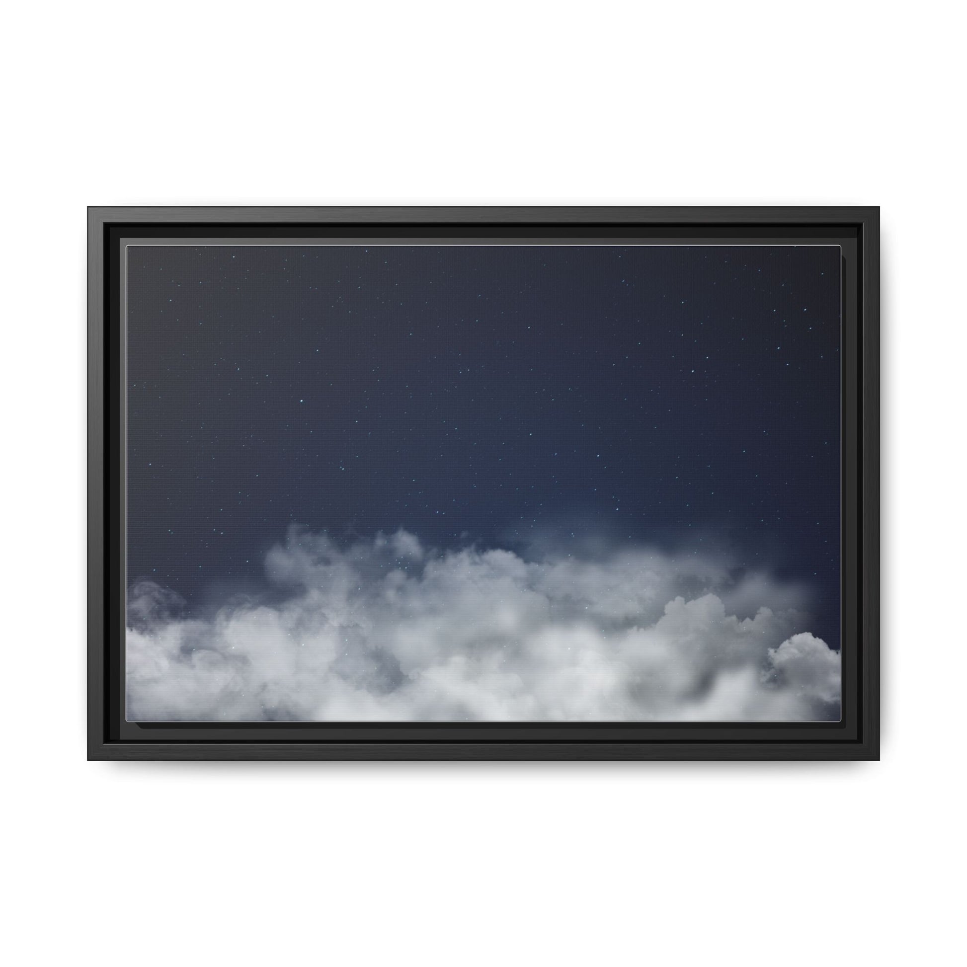 Night Sky Clouds matte canvas wall art by Printify featuring a starry sky with clouds, framed for elegant bedroom or living room decor.