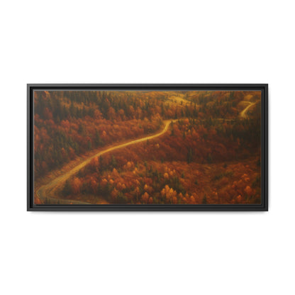 Framed matte canvas print of autumn forest road landscape wall art by Printify, showing vibrant fall colors and scenic nature scene.