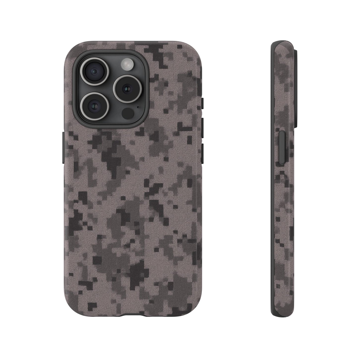 Gray digital camouflage phone case by Printify, tough protective cover fitting smartphones with a rugged camouflage design.