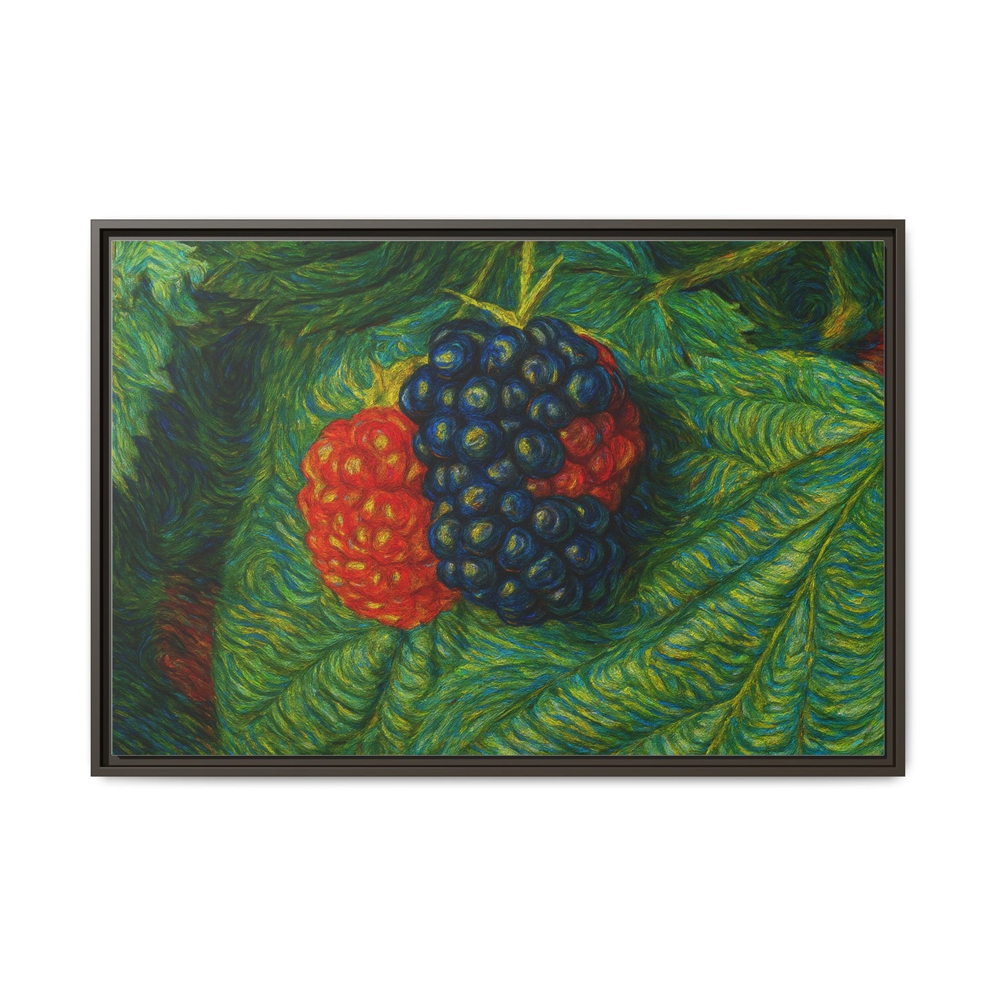 Blackberry still life framed canvas print by Printify, featuring realistic blackberry bunches on a textured canvas surface.