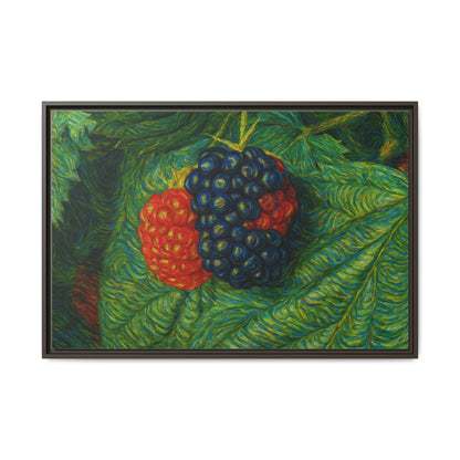 Blackberry still life framed canvas print by Printify, featuring realistic blackberry bunches on a textured canvas surface.