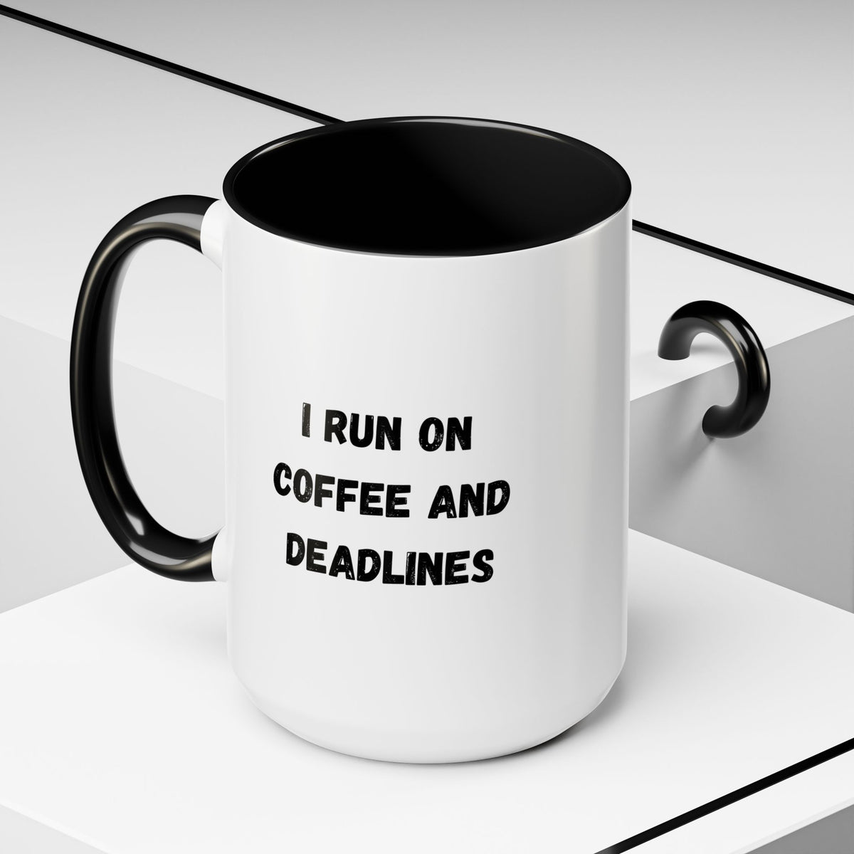 White ceramic coffee mug with "I Run on Coffee and Deadlines" text in black, designed by Printify, with a smooth handle.