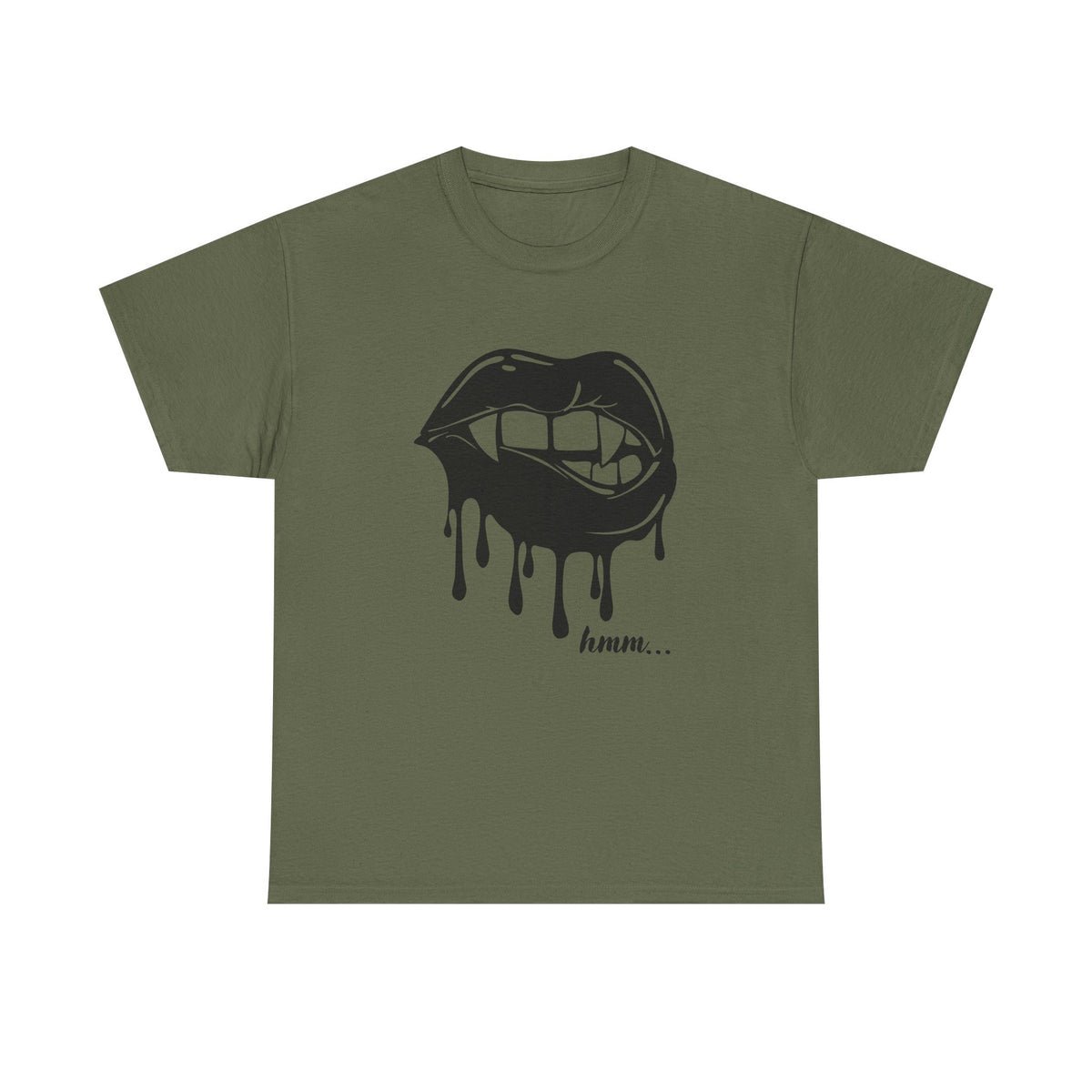 Graphic T-shirt by Printify featuring a dripping lips 'hmm...' bite design in bold, eye-catching print on a casual black tee.