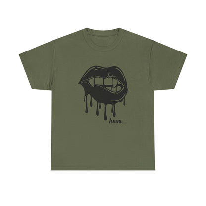 Graphic T-shirt by Printify featuring a dripping lips 'hmm...' bite design in bold, eye-catching print on a casual black tee.