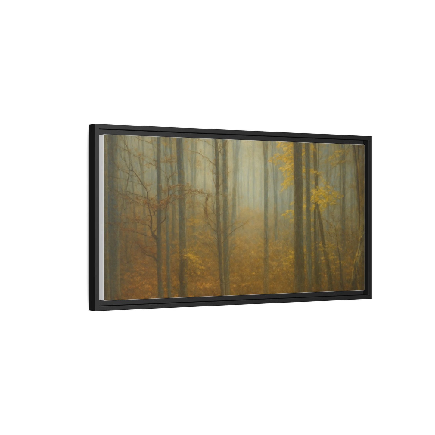 Framed matte canvas wall art featuring a misty autumn forest scene, designed by Printify for natural home decor.