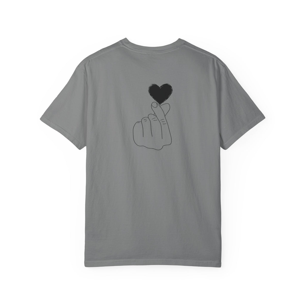 Black T-shirt with a minimal white finger heart graphic, casual style, from Printify.