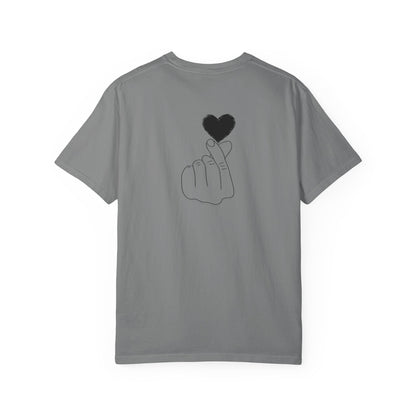 Black T-shirt with a minimal white finger heart graphic, casual style, from Printify.