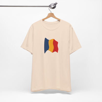 Romania flag T-shirt by Printify featuring a minimal waving tricolor design on a casual cotton tee.