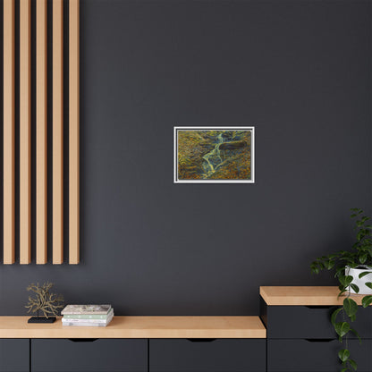 Framed matte canvas wall art featuring a scenic autumn forest with a waterfall, by Printify.