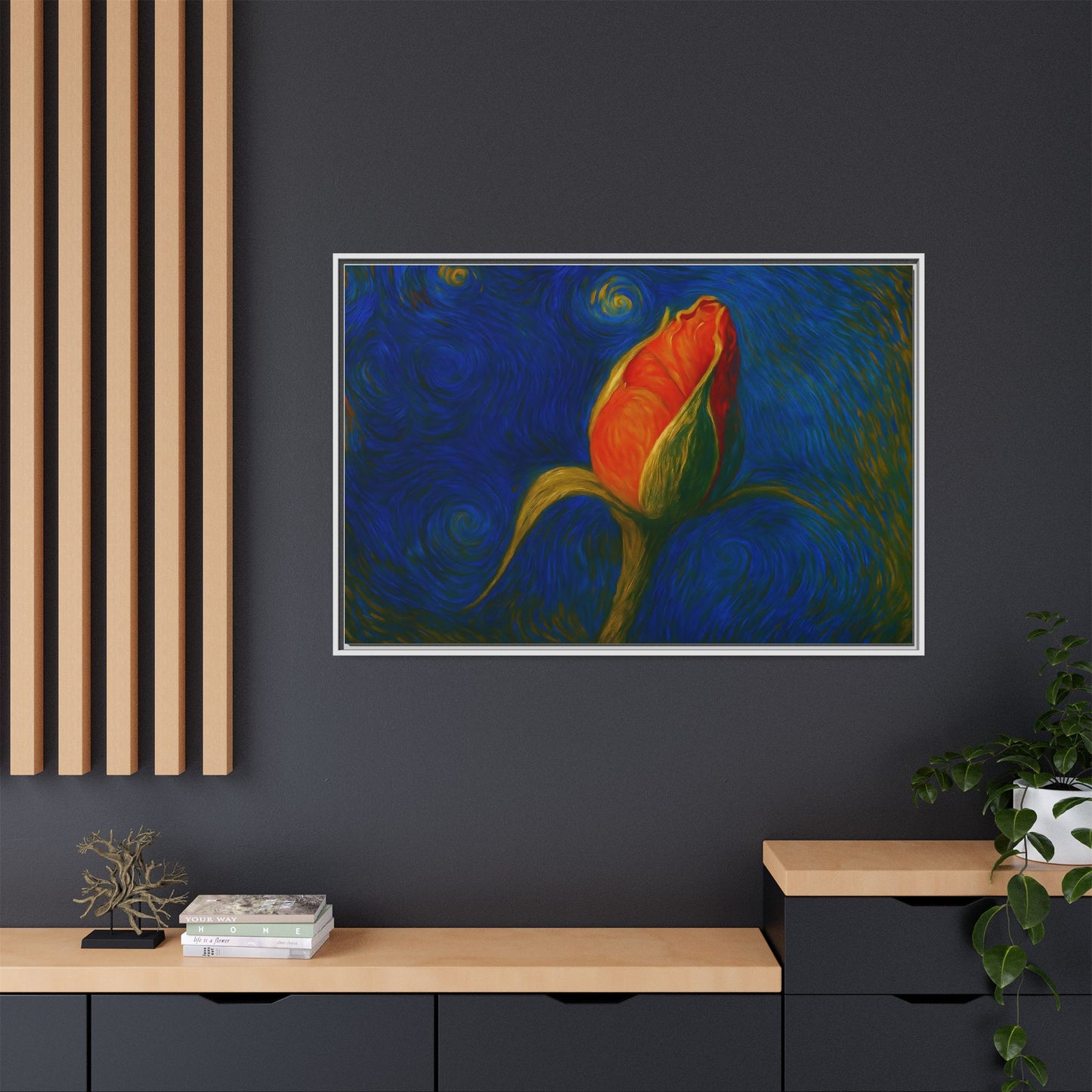 Red rose bud painting on framed canvas wall art by Printify, featuring vibrant red roses in a matte floral design.