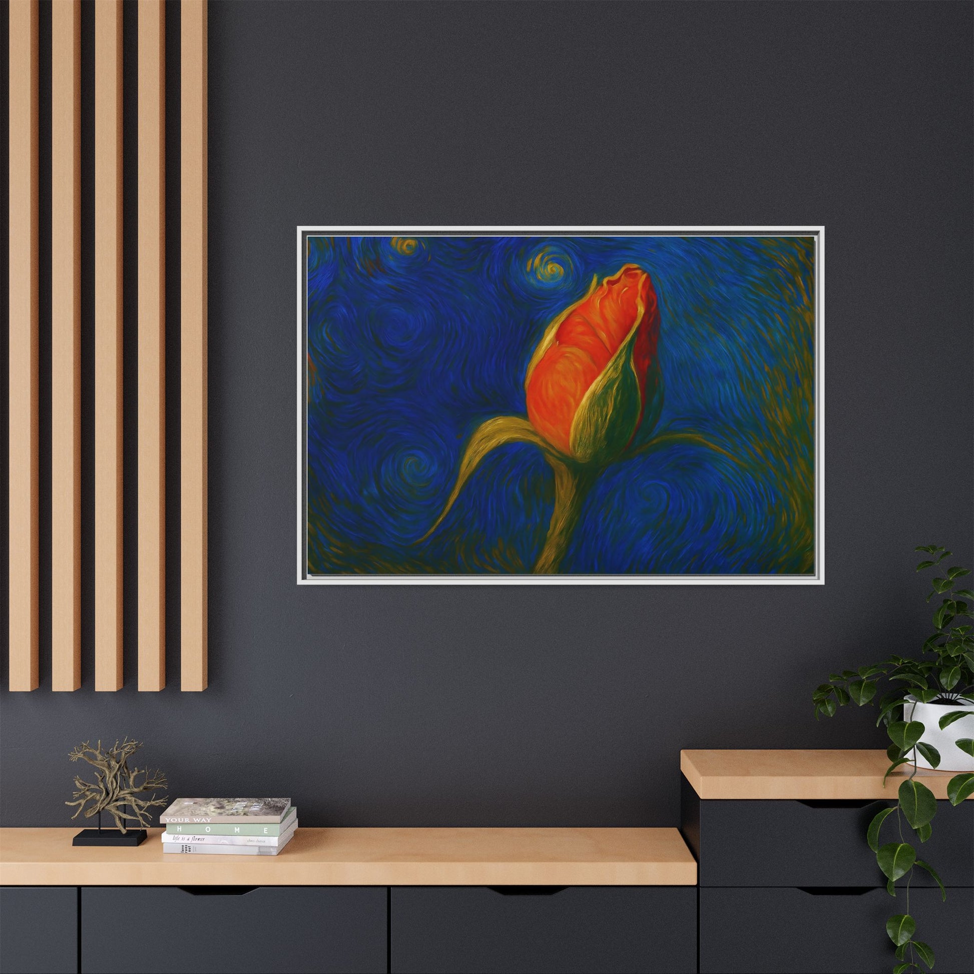 Red rose bud painting on framed canvas wall art by Printify, featuring vibrant red roses in a matte floral design.