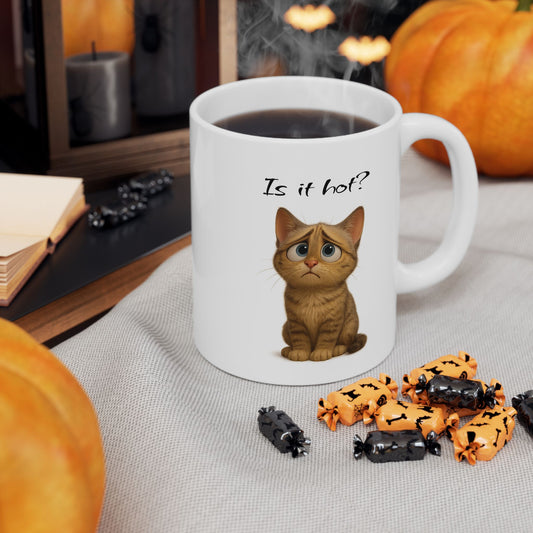 Cute ceramic cat mug with whimsical design, perfect for coffee or tea, ideal gift for cat lovers.