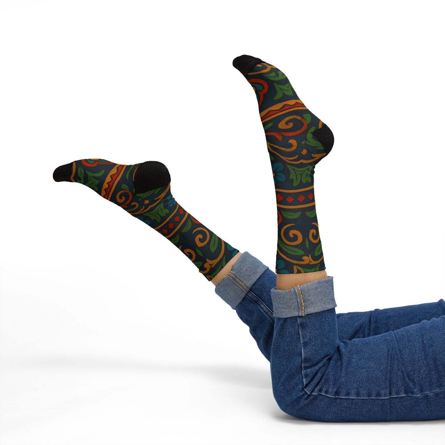 Victorian floral tile sublimation crew socks with colorful all-over print by Printify, featuring intricate floral and geometric patterns.