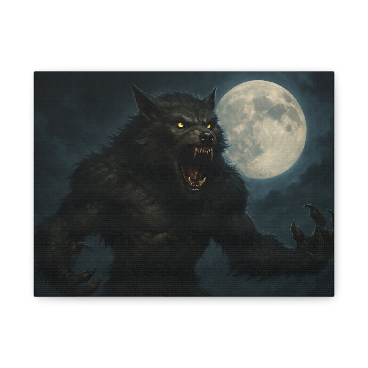 Spooky werewolf moon matte canvas print featuring a full moon and dark night sky, wall art for Halloween or gothic decor