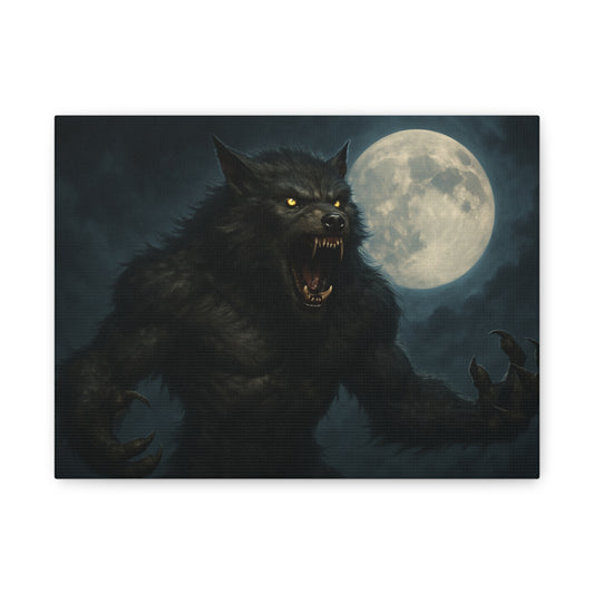 Spooky werewolf moon matte canvas print featuring a full moon and dark night sky, wall art for Halloween or gothic decor
