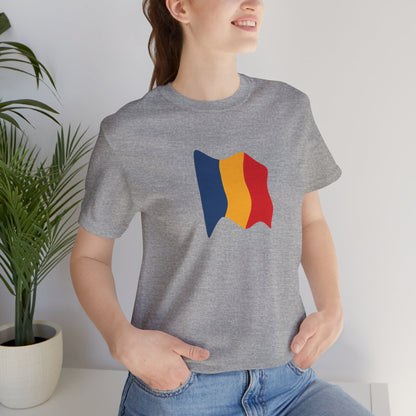 Romania flag T-shirt by Printify featuring a minimal waving tricolor design on a casual cotton tee.