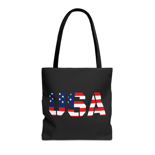 Red, white, and blue patriotic USA flag tote bag by Printify, reusable summer carryall perfect for 4th of July celebrations.