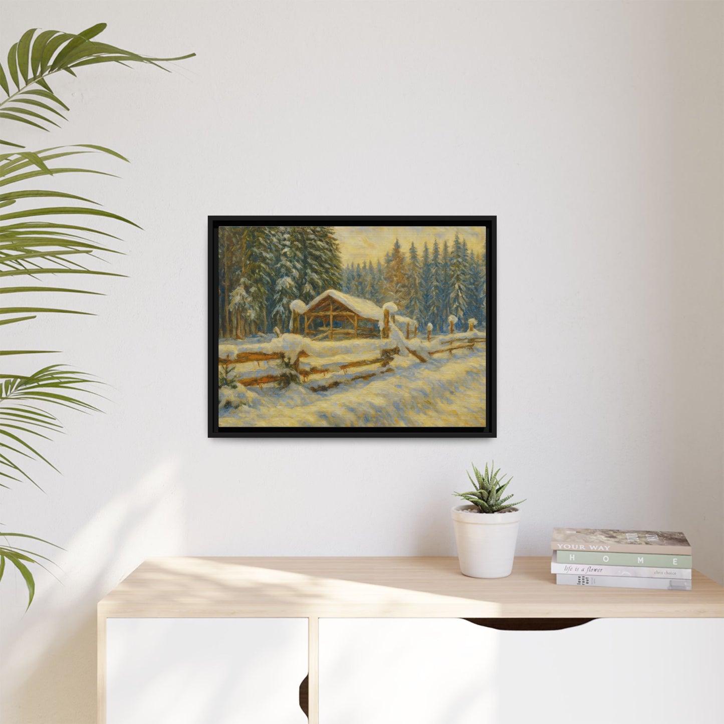 Snowy cabin matte canvas wall art featuring a winter landscape painting, framed and suitable for home decor.