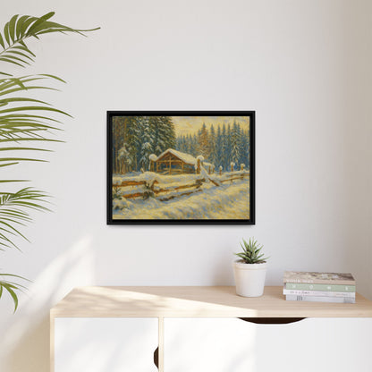 Snowy cabin matte canvas wall art featuring a winter landscape painting, framed and suitable for home decor.