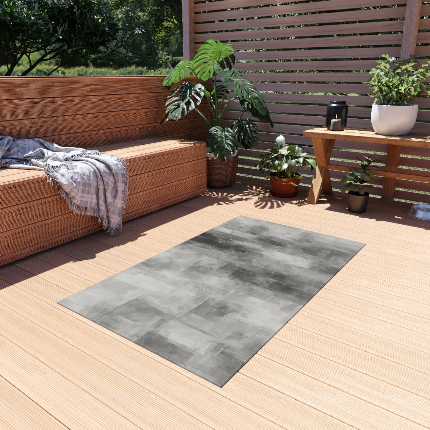 Gray outdoor waterproof rug for patio and deck, featuring a modern blanket design by Printify, suitable for outdoor use.
