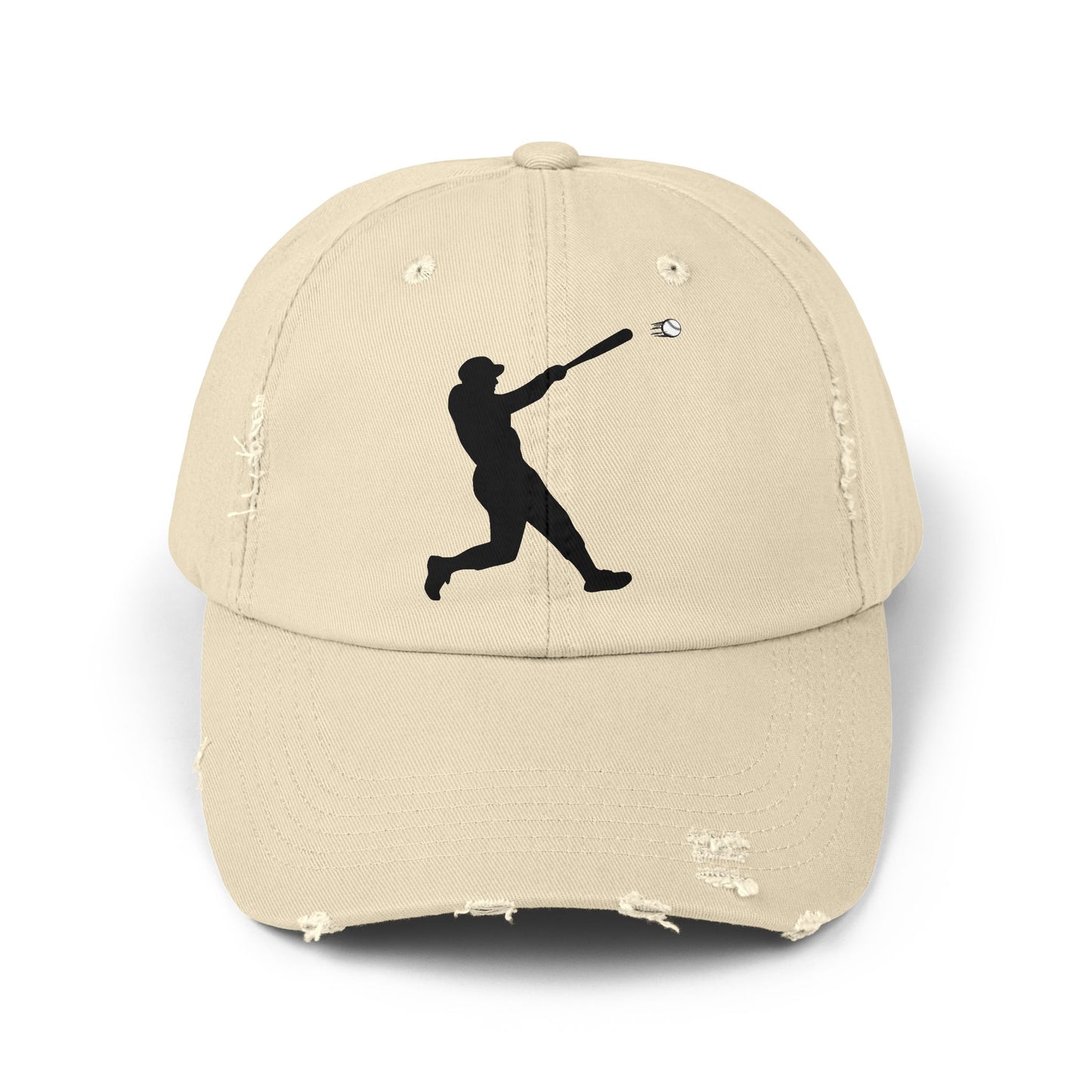 Distressed baseball cap with silhouette batter design, casual hat style from Printify, featuring worn denim look and embroidered detail.