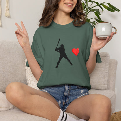 White baseball batter heart T-shirt by Printify featuring a graphic design of a batter's silhouette with a heart-shaped background.