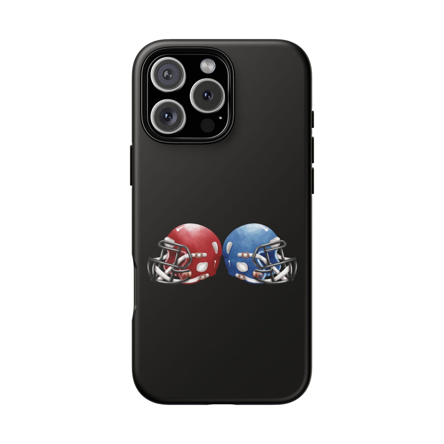 Red and blue football helmet tough phone case for iPhone, protective and stylish sports-themed cover by Printify.