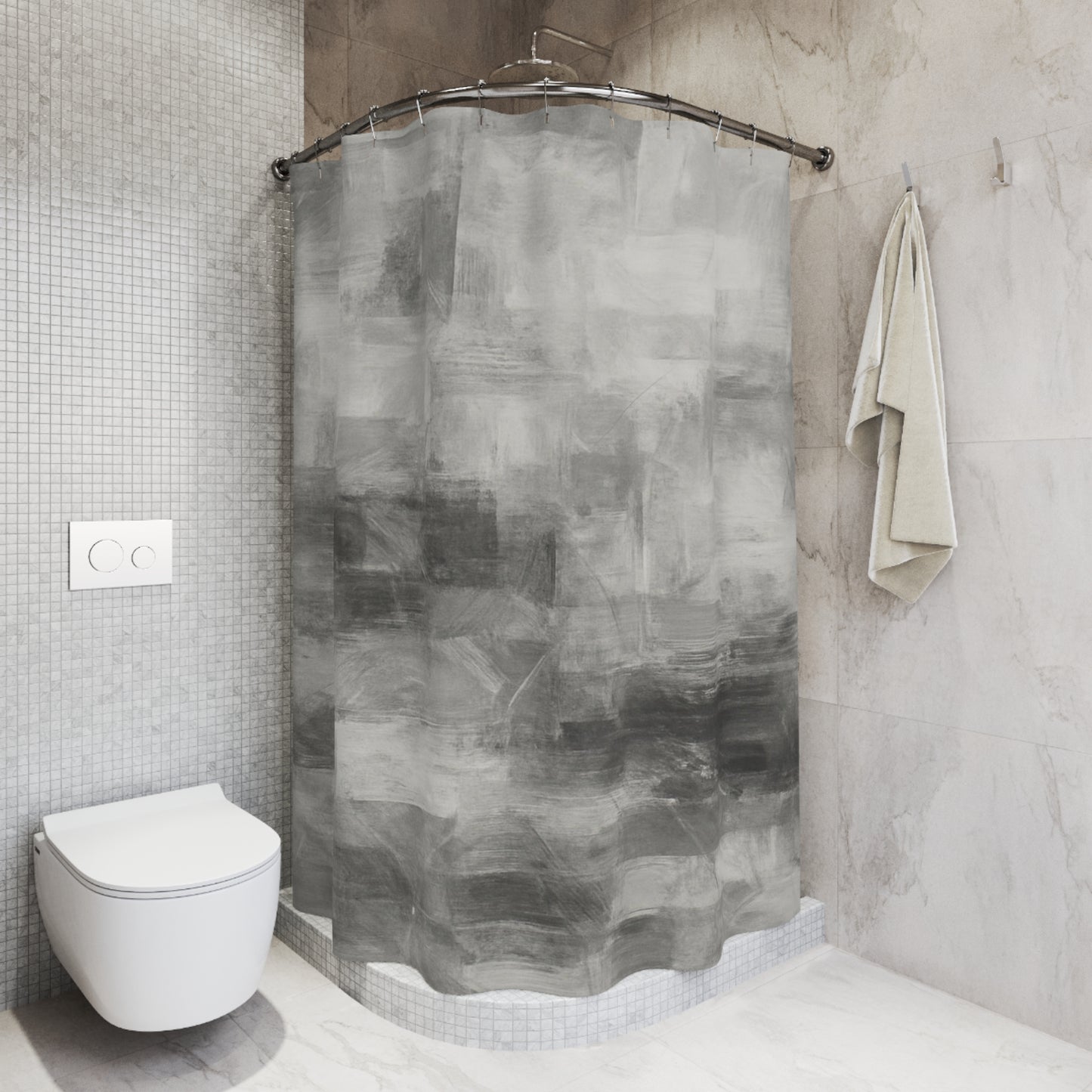 Abstract gray shower curtain from Printify featuring modern design, suitable for bathroom decor and housewarming gift.