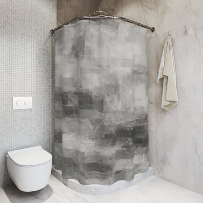 Abstract gray shower curtain from Printify featuring modern design, suitable for bathroom decor and housewarming gift.