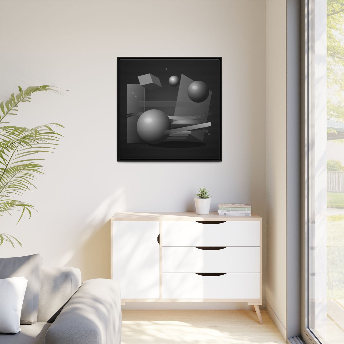 Monochrome Geometric Spheres Canvas Framed Wall Art | Matte Print