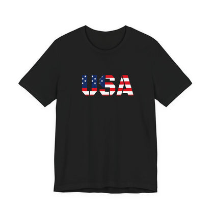 USA Flag Text Tee — Patriotic Fourth of July T-Shirt