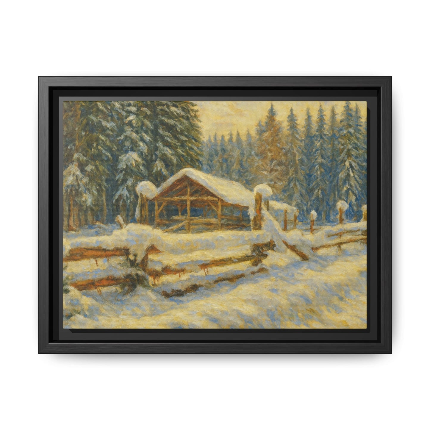 Snowy cabin matte canvas wall art featuring a winter landscape scene, suitable for cozy home decor.