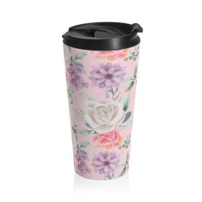 Pink watercolor rose 15oz insulated stainless steel travel mug - view 5